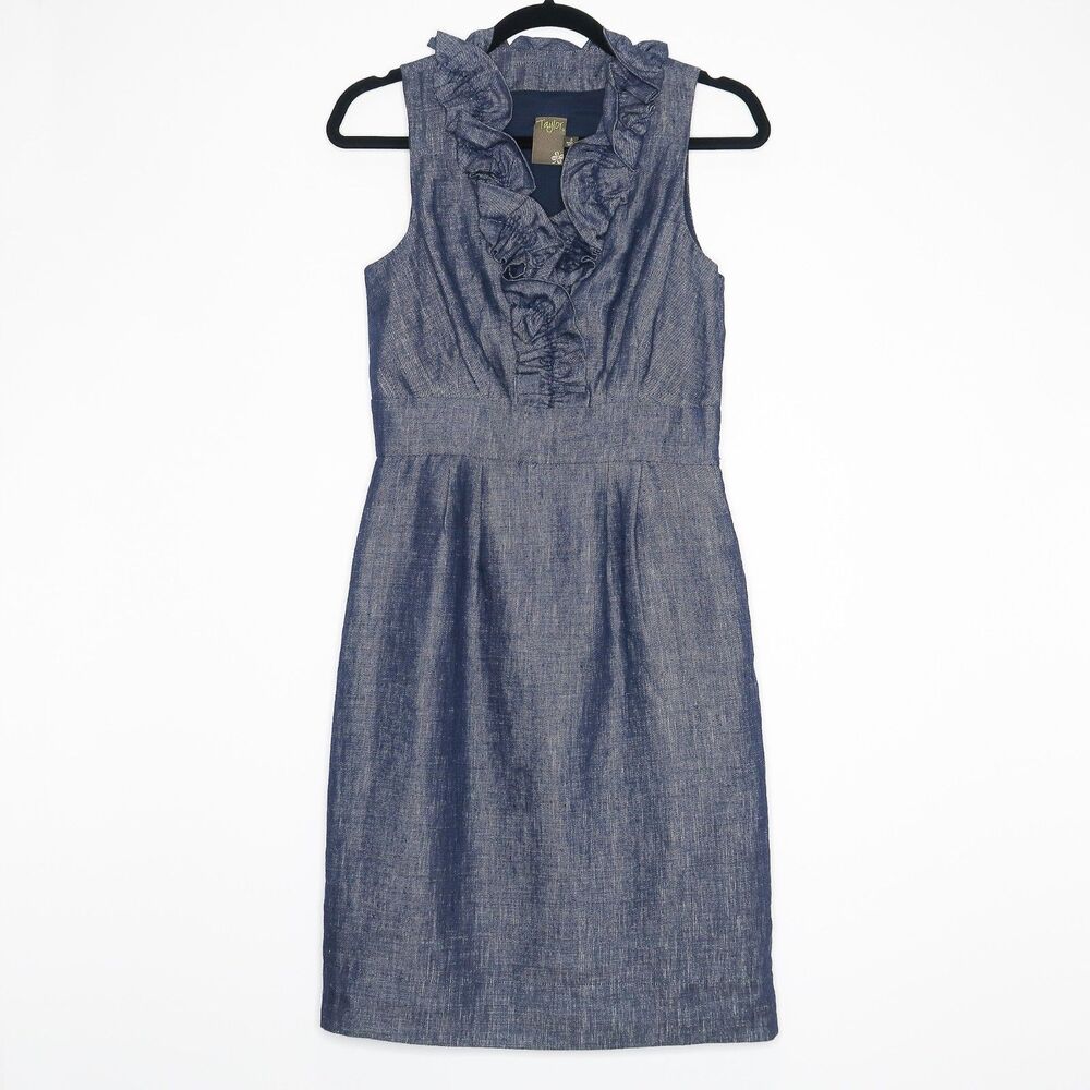 Taylor Womens Denim Sheath Dress Size‎ 2 Blue Ruffle Collar Sleeveless